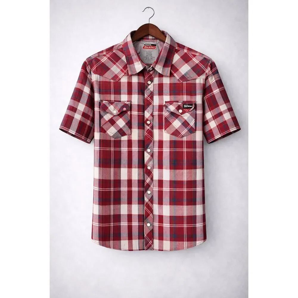Dickies Red Plaid Men’s Pearl Snap Short Sleeve Button Down Shirt XL Western